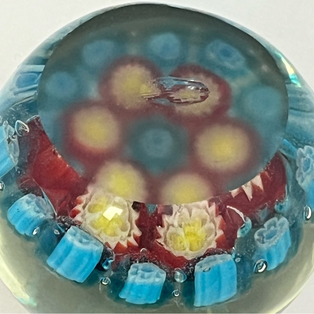 Small Vintage Art Glass Millefiori Murano Style Paperweight Red Blue Yellow - Picture 8 of 14